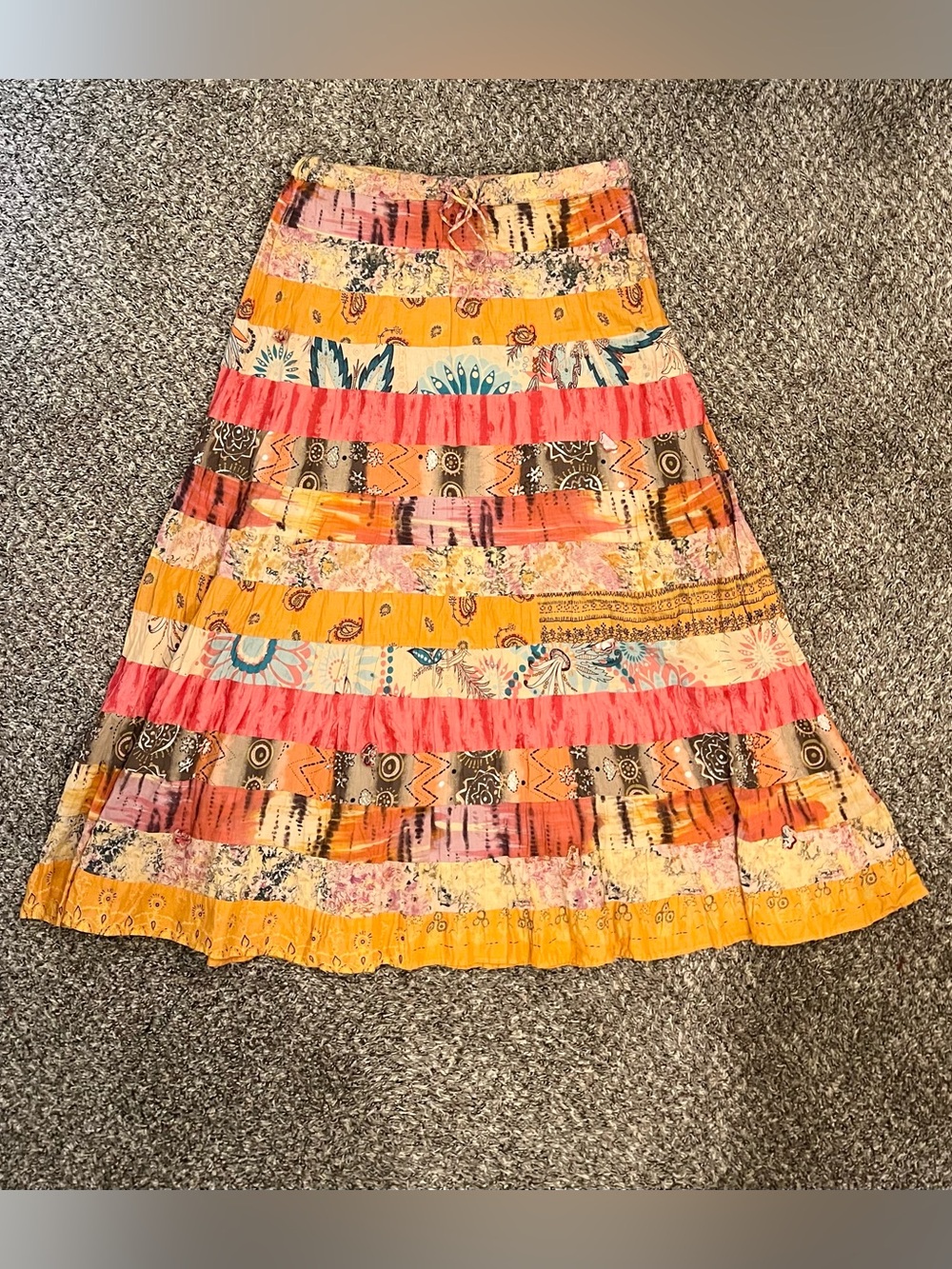 Y2K multicolored patchwork pattern maxi skirt 2000’s boho whimsy hippie